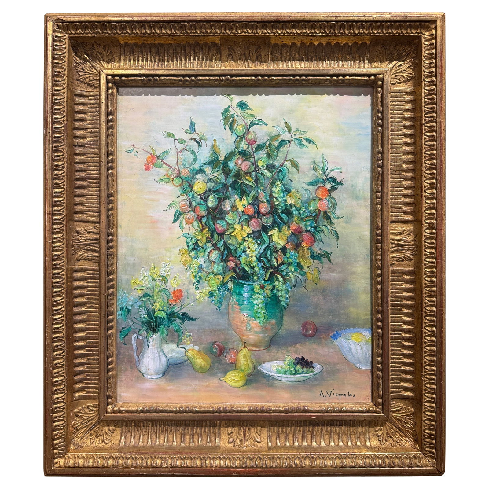 French Midcentury Still Life Oil by Andre Vignoles in Ornate Gilt Frame: French Midcentury Still Life Oil by Andre Vignoles in Ornate Gilt Frame This mid-century French still life oil painting, titled "Bouquet aux Marjolaines," is signed by the artist Andre Vignoles. Creat