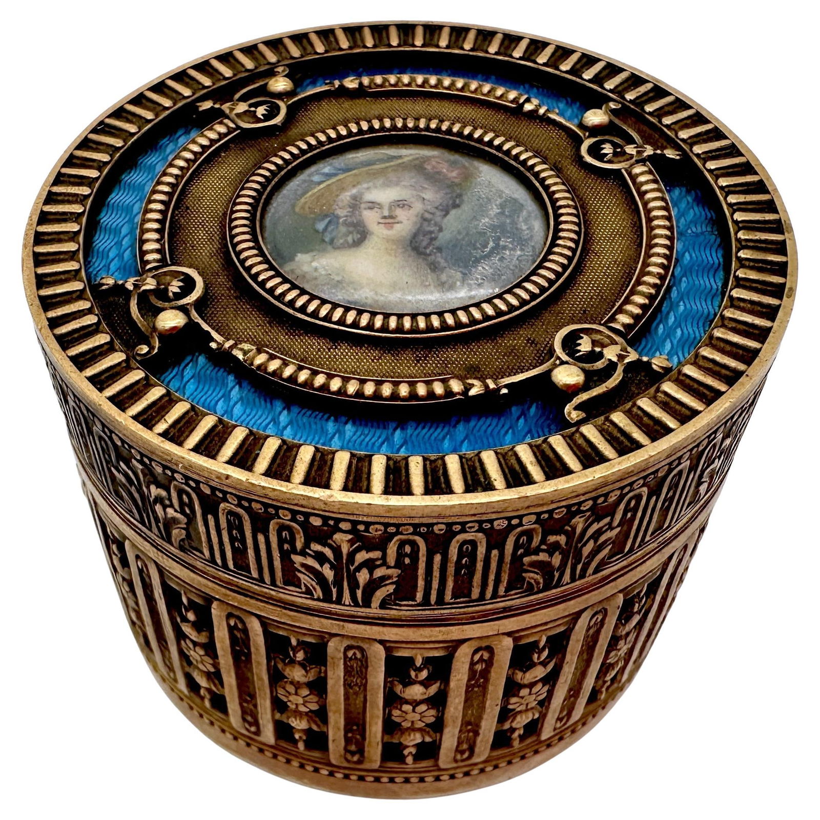 Louis XVI French Bronze Blue Guilloche Enamel Portrait Box Stamped France: Louis XVI French Bronze Blue Guilloche Enamel Portrait Box Stamped France This exquisite French Bronze and Blue Guilloche Enamel Portrait Box is a stunning example of early 20th-century craftsmanship,