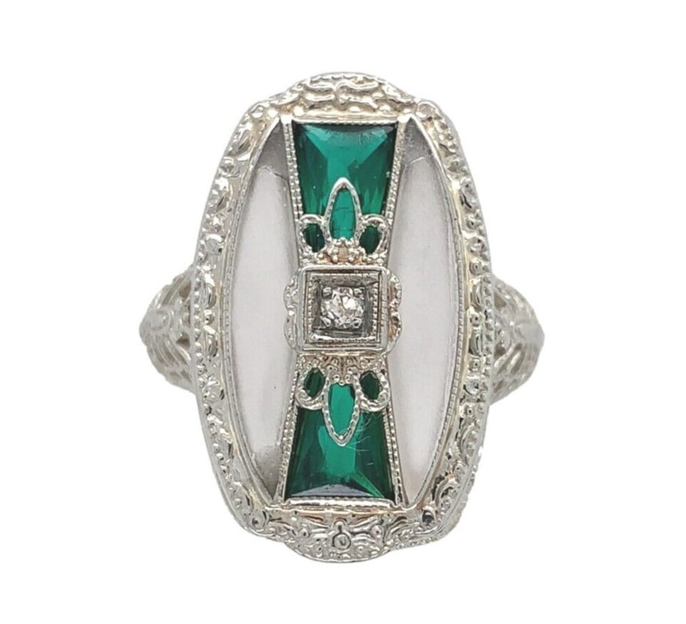 Art Deco 14k White Gold Filigree Ring with Crystal Glass and Diamond Accent (1 of 10)