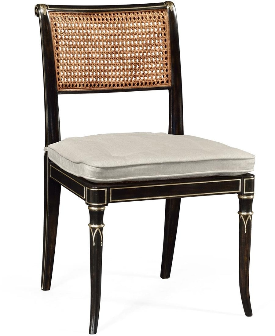 William Yeoward Regency Style Dining Chair by Jonathan Charles in Antiqued Silver Leaf: William Yeoward Regency Style Dining Chair by Jonathan Charles in Antiqued Silver Leaf This Regency style dining chair offers a blend of elegance and classic charm, crafted with an antiqued silver lea