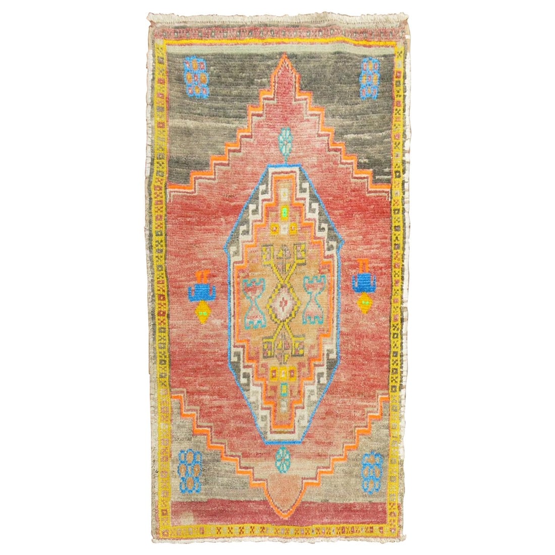 Electric Vintage Turkish Anatolian Hand-Woven Rug 28 x 54 Wool Mid-20th Century: Electric Vintage Turkish Anatolian Hand-Woven Rug 28 x 54 Wool Mid-20th Century This vibrant Electric Vintage Turkish Anatolian Scatter Rug showcases a stunning array of electric colors, making it a p