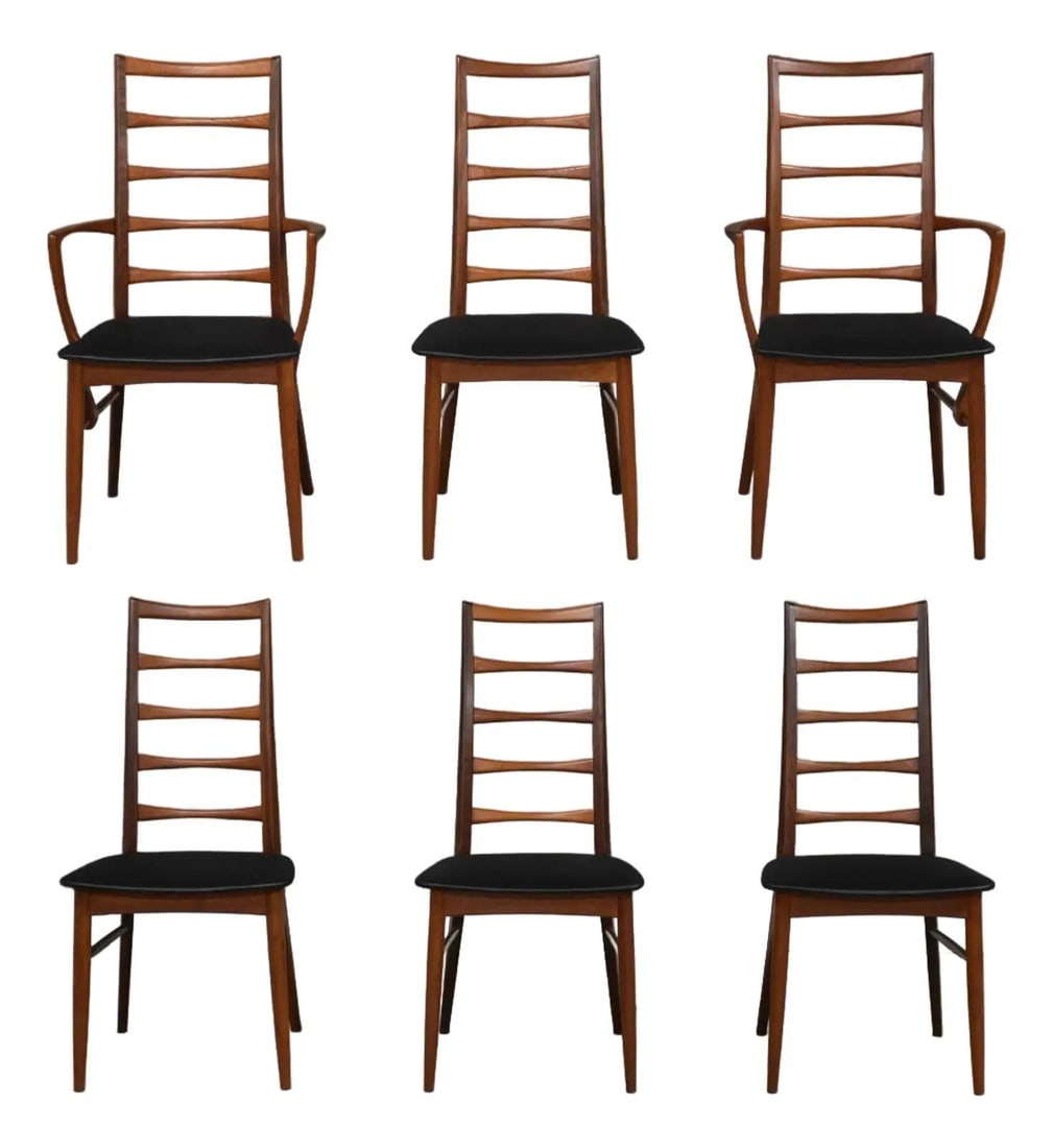 Set of 6 Rosewood Lis Ladder Back Dining Chairs Mid Century Danish: Set of 6 Rosewood Lis Ladder Back Dining Chairs Mid Century Danish This set of six mid-century modern Lis dining chairs, designed by Koefoeds Hornslet, features high backs with horizontal slatted ladd