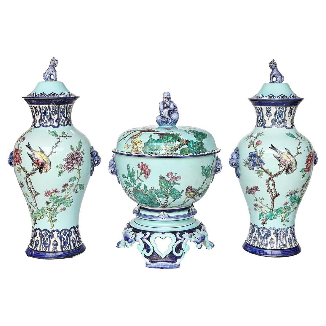 Set of 2 Gien French Faience Chinoiserie Garniture Centerpiece and Vase: Set of 2 Gien French Faience Chinoiserie Garniture Centerpiece and Vase This late 19th century French garniture set by Gien features a large footed centerpiece with a cover topped by a seated wiseman