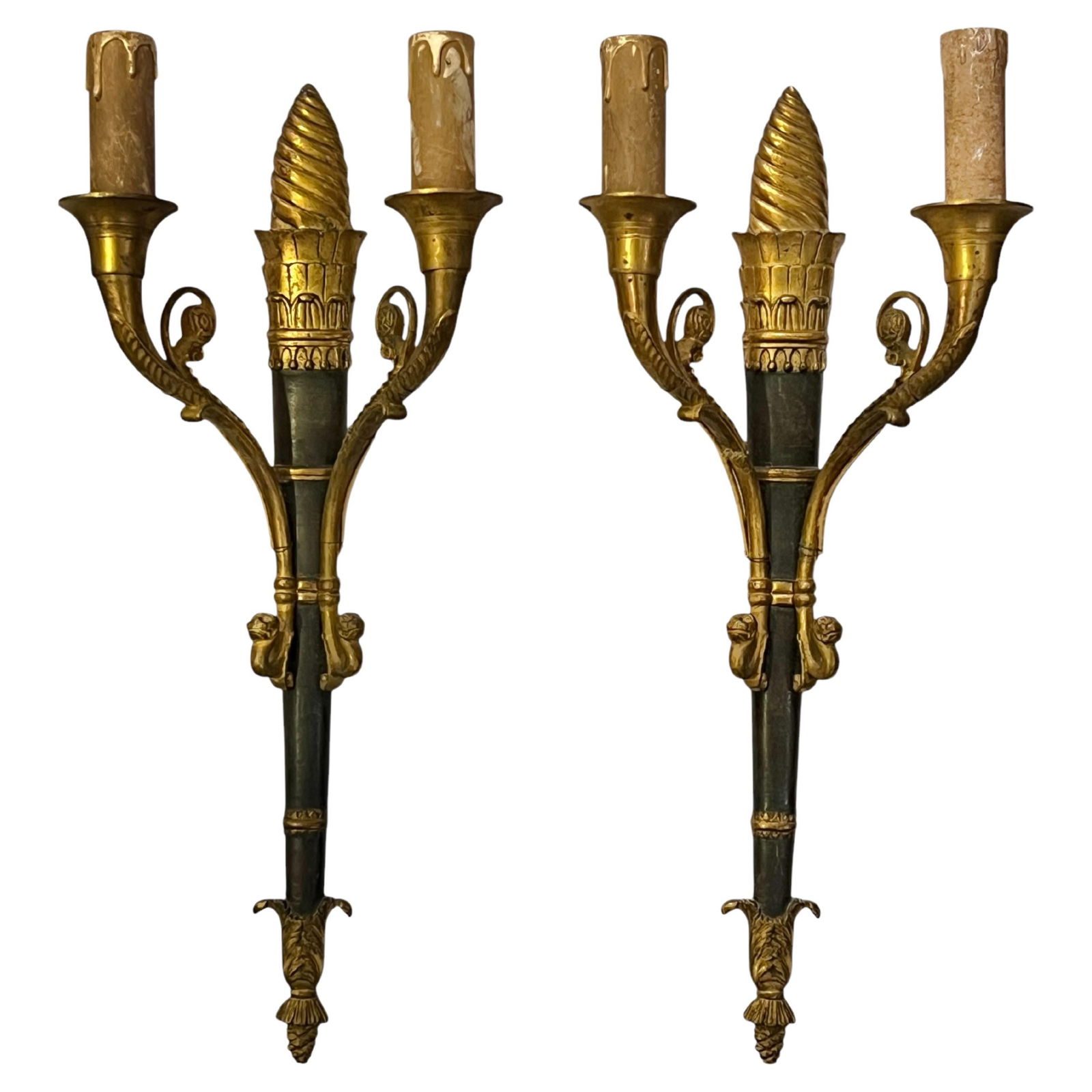 Set of 2 Empire Revival Bronze Torch Sconces with Gilt Patina (1 of 10)