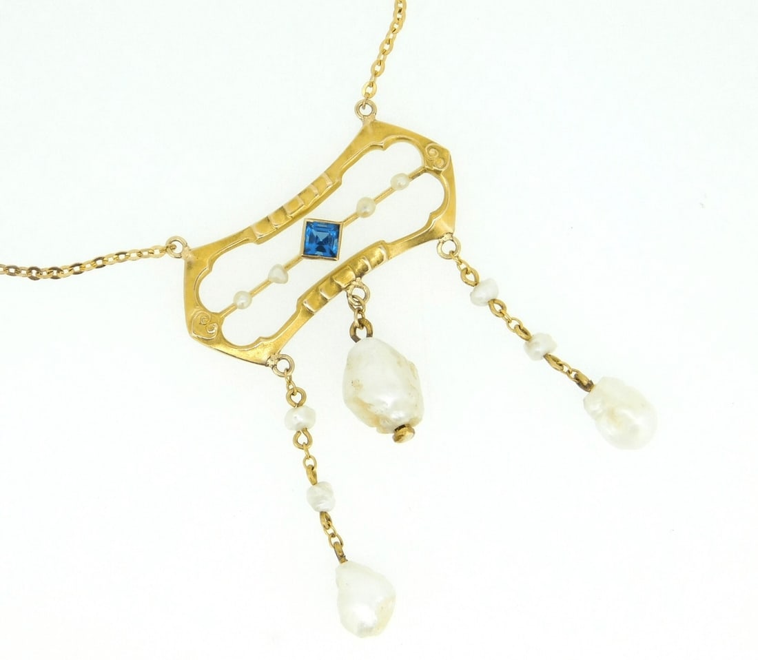 Art Nouveau 10k Yellow Gold Pearl Necklace with Lab-Created Sapphire (1 of 9)