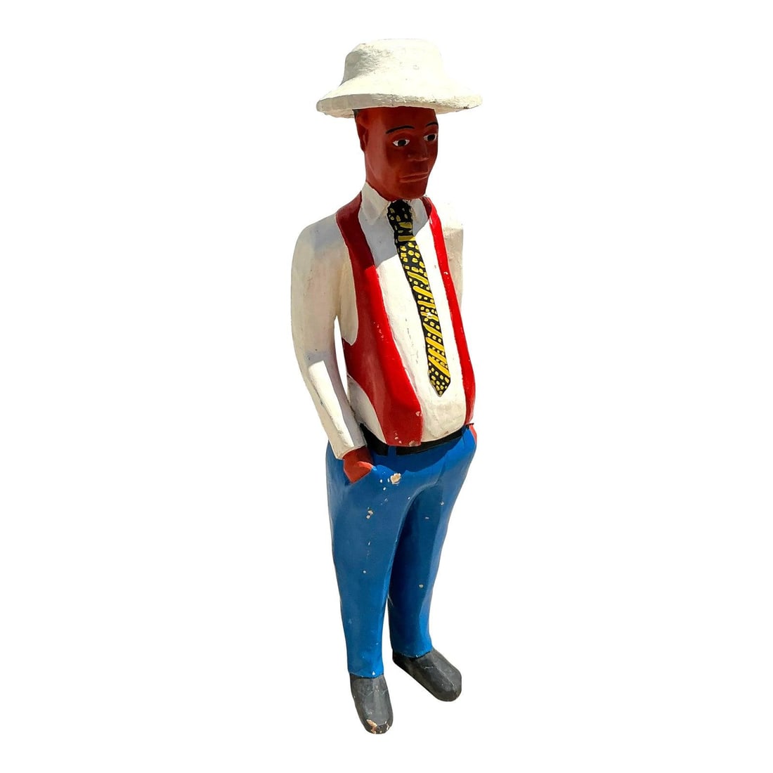 Vibrant Vintage Boho Carved Wood Cuban Man Sculpture 53.25" Tall: Vibrant Vintage Boho Carved Wood Cuban Man Sculpture 53.25" Tall This Vintage Boho Carved Wood Cuban Man sculpture adds a whimsical personality and cultural charm to any space. Standing over four feet