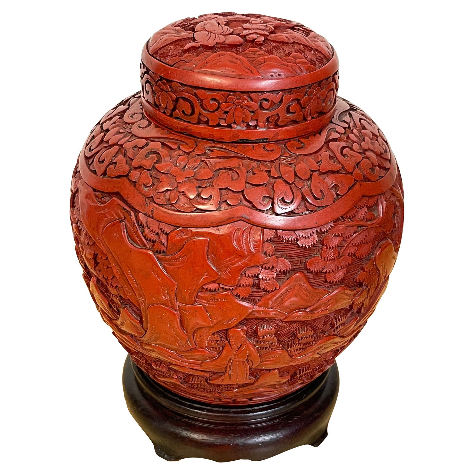 Chinese Export Cinnabar Ginger Jar with Stand Early 20th Century: Chinese Export Cinnabar Ginger Jar with Stand Early 20th Century This exquisite Post Qing Dynasty Cinnabar Ginger Jar and Stand showcases a beautiful high relief carved continuous landscape motif. Cra