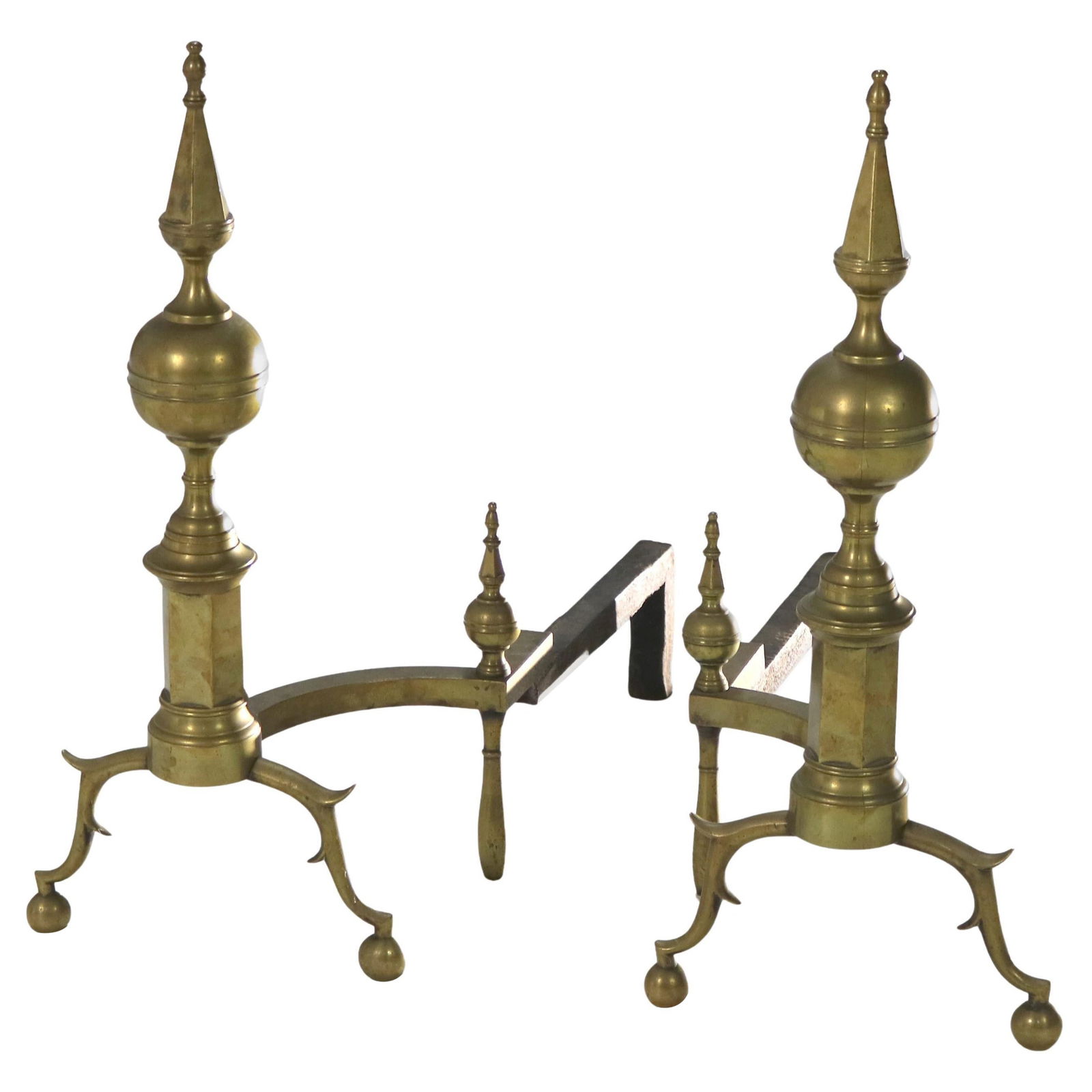 Set of 2 Federal Style Brass Lemon Top Andirons Circa 1810 (1 of 5)