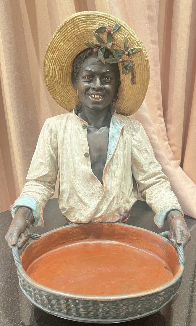 19th Century Goldscheider Terracotta Centerpiece Figure Signed: 19th Century Goldscheider Terracotta Centerpiece Figure Signed This exquisite 19th-century Austrian Goldscheider polychrome terracotta centerpiece figure depicts a young boy in a hat holding a basket.