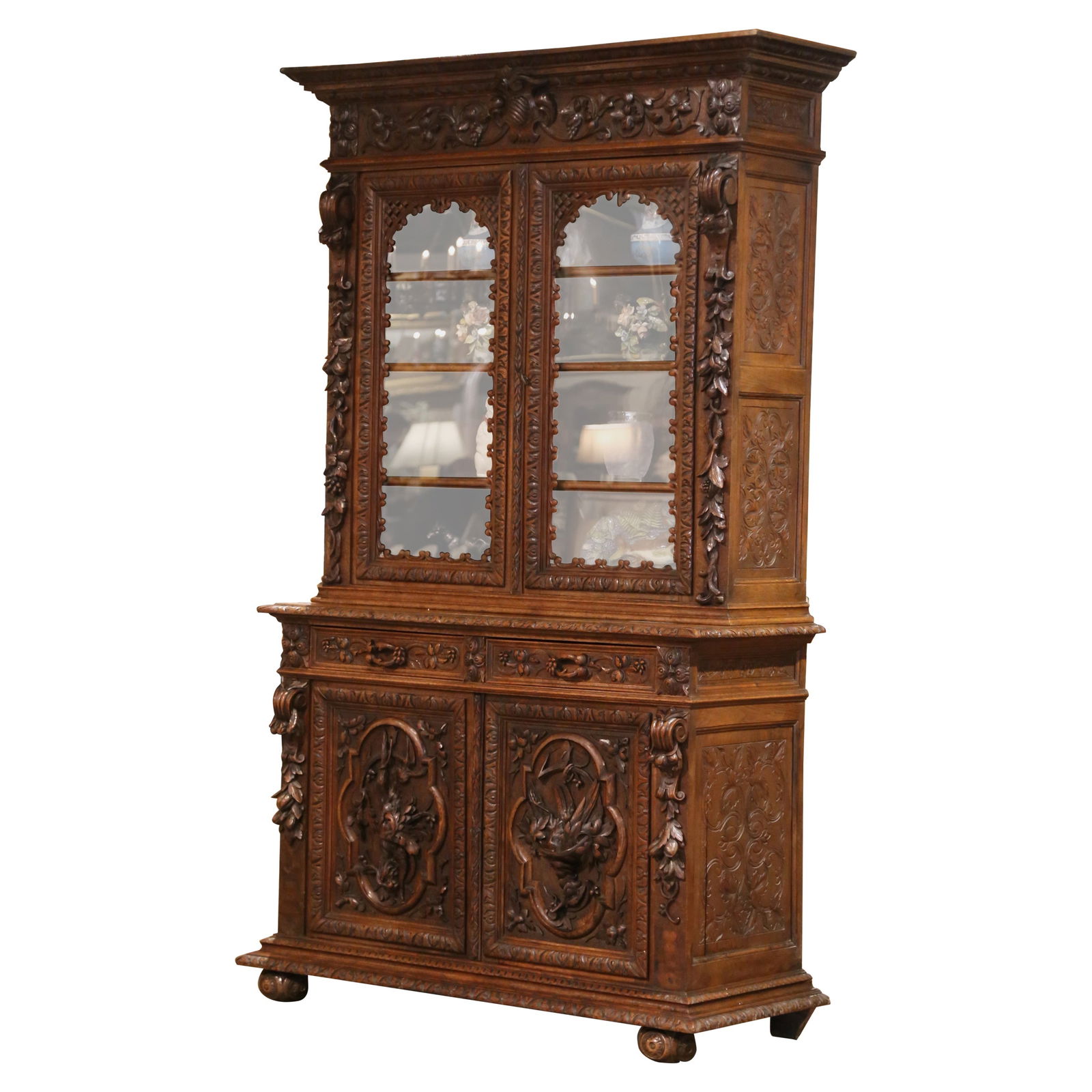 19th Century Louis XIII Style Carved Oak Bookcase Gun Cabinet (1 of 18)