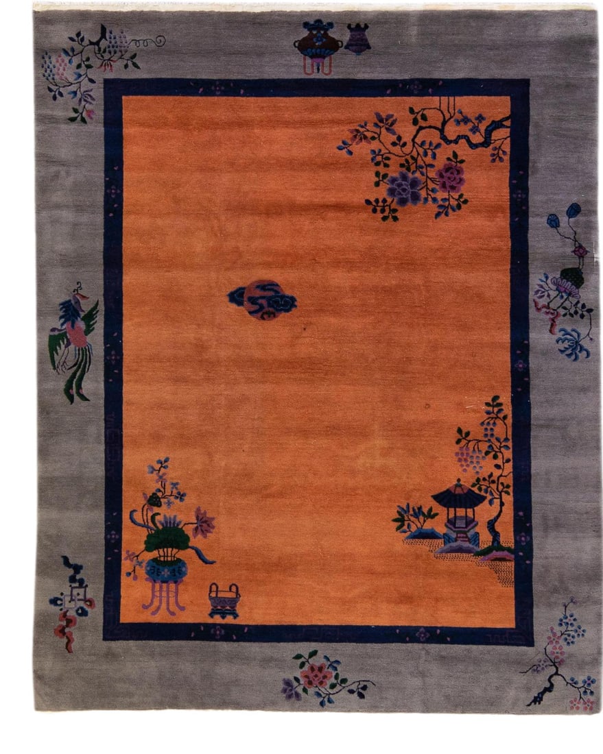 Antique Art Deco Chinese Hand-Knotted Wool Rug 7'10 x 9'10 Gray Tan Floral Design: Antique Art Deco Chinese Hand-Knotted Wool Rug 7'10 x 9'10 Gray Tan Floral Design This exquisite antique Art Deco Chinese rug showcases a beautifully hand-knotted wool construction, featuring a warm t