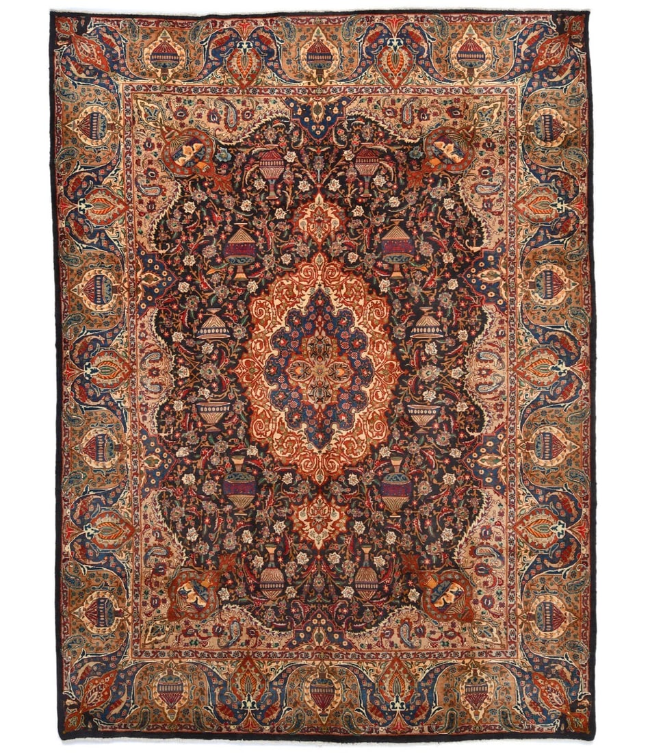 Vintage Hand-Knotted Wool Area Rug 9'9 x 13'2 Purple and Navy Floral Design: Vintage Hand-Knotted Wool Area Rug 9'9 x 13'2 Purple and Navy Floral Design This handmade pictorial Oriental rug features a thick pile with a striking color palette of dark purple, navy, beige, orange