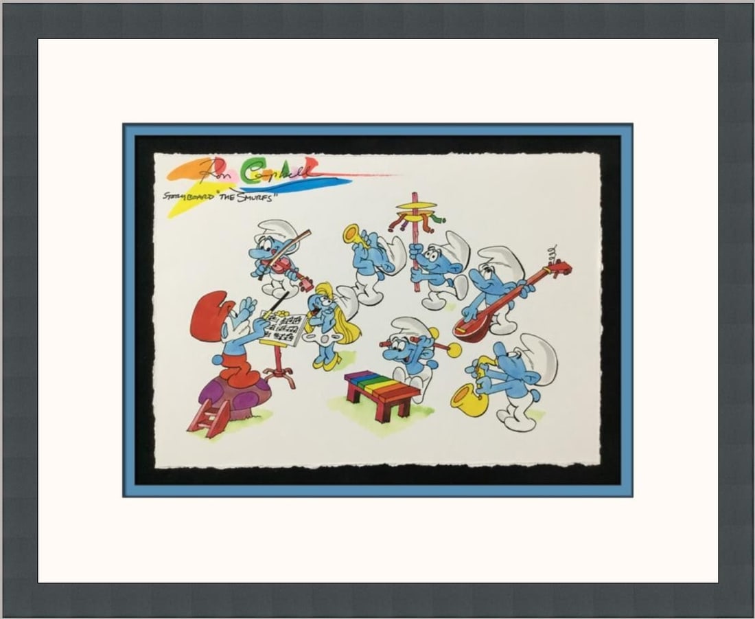 Ron Campbell The Smurfs Signed Framed Giclee Print Limited Edition: Ron Campbell The Smurfs Signed Framed Giclee Print Limited Edition This framed giclee print features a storyboard from the beloved cartoon, The Smurfs, brought to life by animator Ron Campbell. Produc