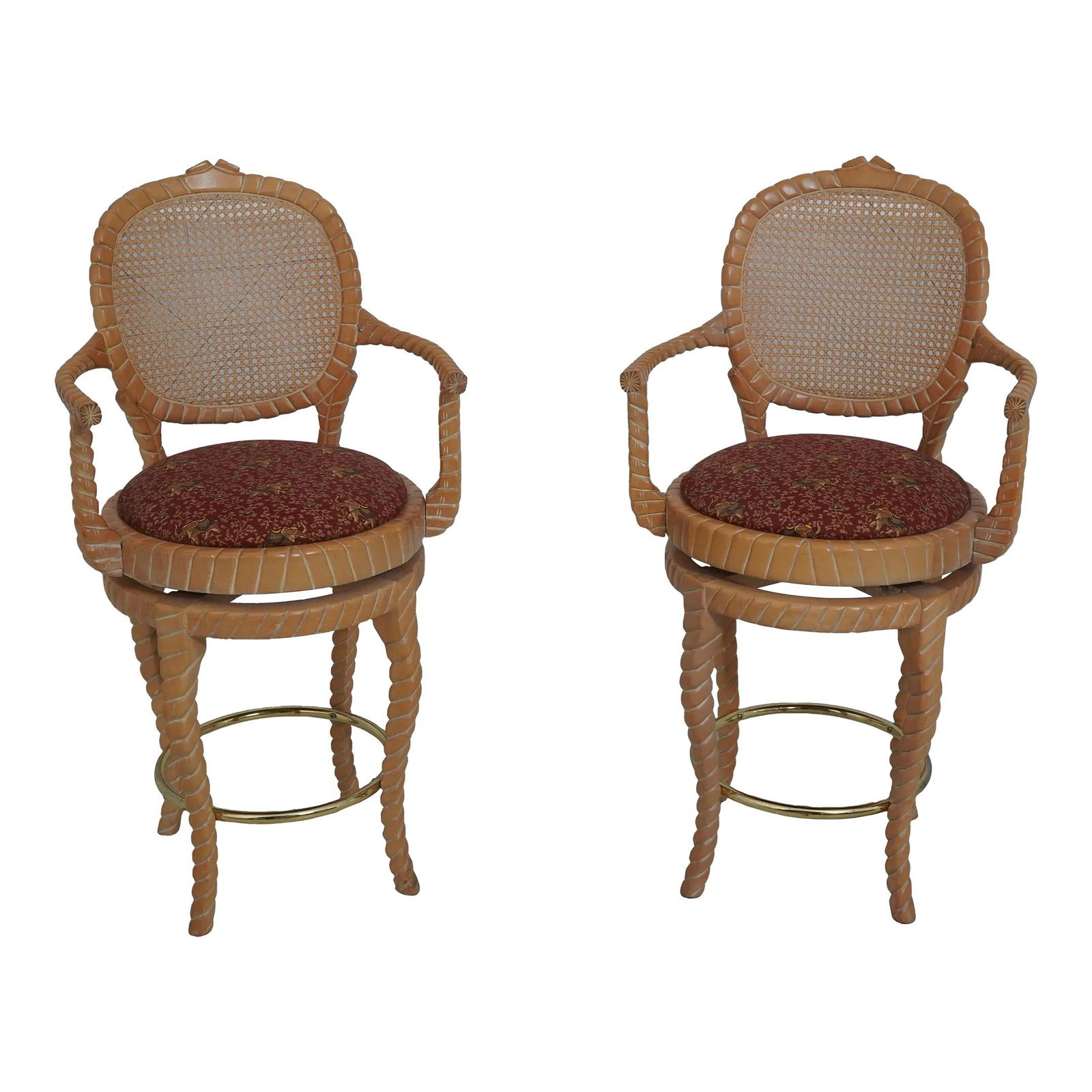 Pair of Italian Made Rope Twist Cane Back Swivel Bar Chairs: Pair of Italian Made Rope Twist Cane Back Swivel Bar Chairs This pair of swivel bar chairs features a striking rope twist design and a cane back, showcasing quality craftsmanship that is possibly Ital