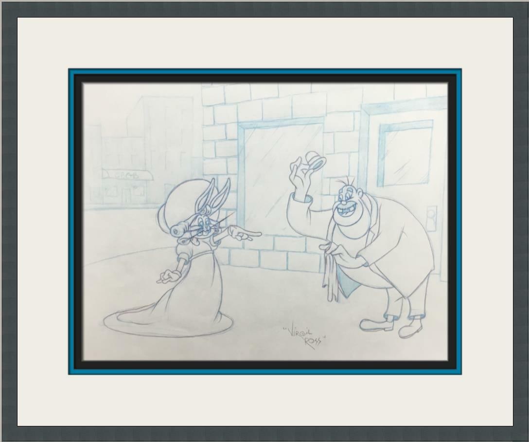 Bugs Bunny Signed Concept Drawing by Virgil Ross Warner Bros 1990s: Bugs Bunny Signed Concept Drawing by Virgil Ross Warner Bros 1990s This original concept production drawing features the beloved character Bugs Bunny alongside a gentleman, beautifully illustrated by