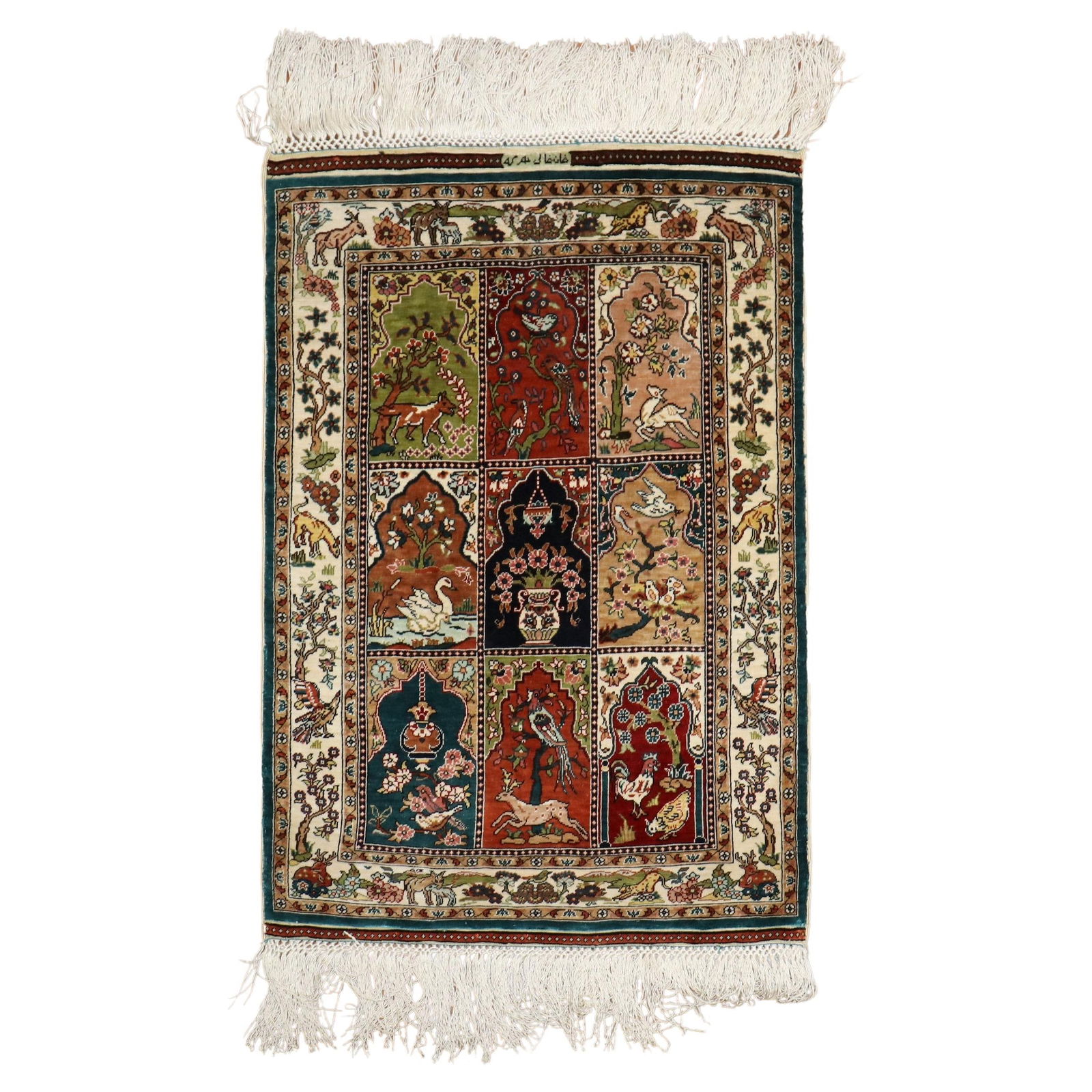 Unique Zabihi Collection Silk Herekeh Rug with Animal Garden Design: Unique Zabihi Collection Silk Herekeh Rug with Animal Garden Design Experience the artistry of the Zabihi Collection with this exquisite silk pictorial Herekeh rug, a unique piece crafted in the mid-2