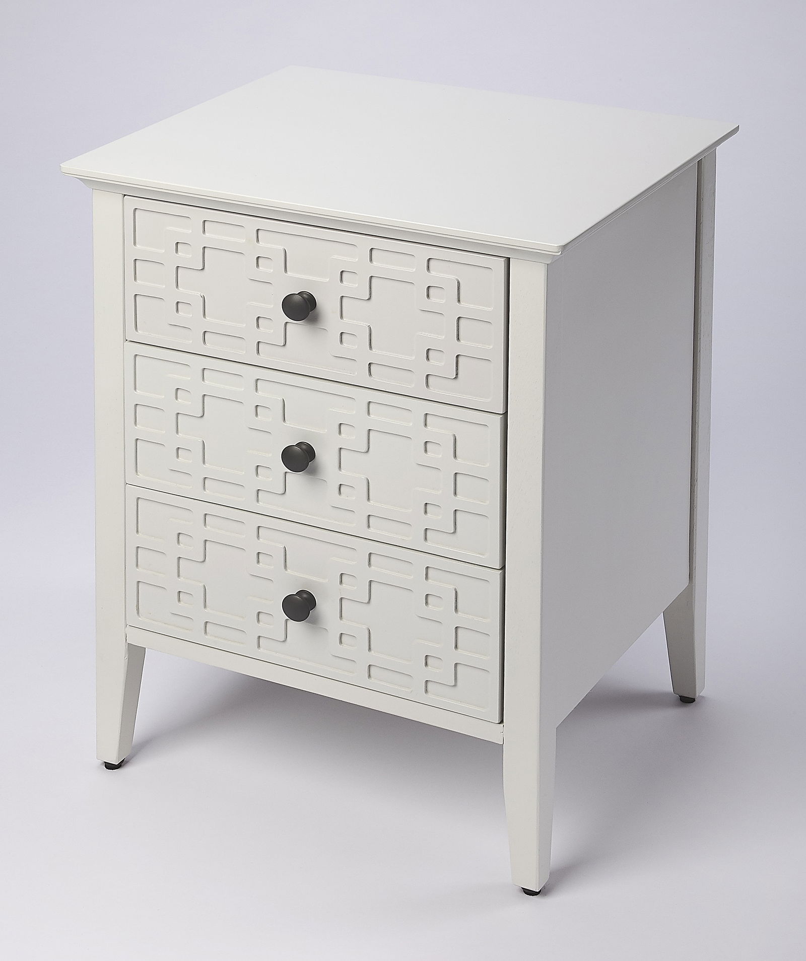 Butler Glossy White Geometric Nightstand Transitional Style: Butler Glossy White Geometric Nightstand Transitional Style This elegant Glossy White Geometric Nightstand by Butler offers a stylish addition to your bedroom decor. It features a sleek rectangular de