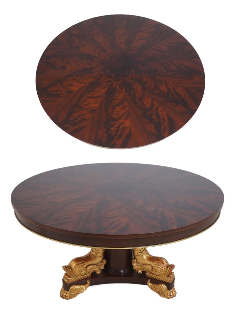 Neoclassical Mahogany Dining Table with Carved Gilt Dolphin Base 58" Round (1 of 10)