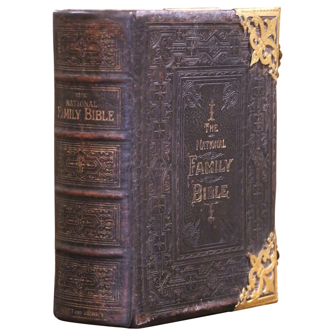 19th Century English Leather Bound Family Bible with Brass Mounts: 19th Century English Leather Bound Family Bible with Brass Mounts This exquisite 19th Century English Leather Bound Family Bible is a remarkable artifact from the late Victorian era, crafted circa 187