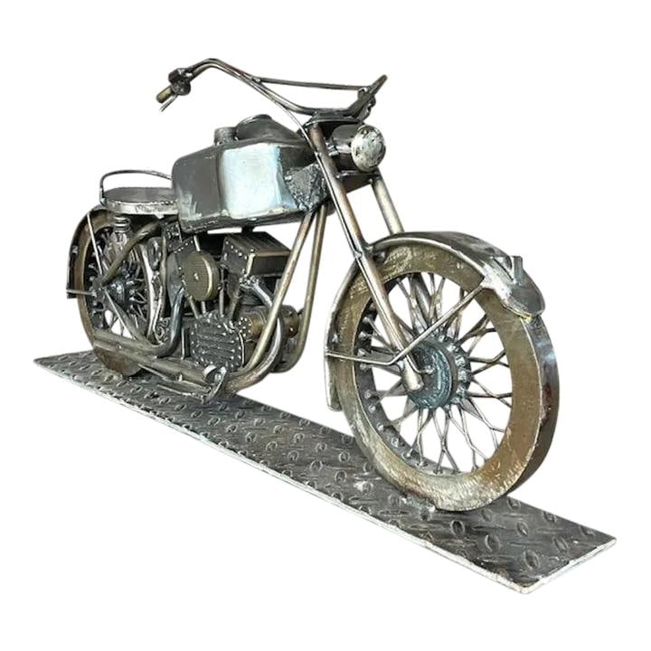 Impressive Vintage Boho Motorcycle Sculpture in Brushed Stainless Steel: Impressive Vintage Boho Motorcycle Sculpture in Brushed Stainless Steel This stunning vintage Boho motorcycle sculpture is a remarkable piece of art, intricately handcrafted from brushed stainless ste