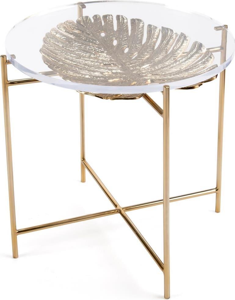 John-Richard Palm Leaf Acrylic Side Table 21H 22W 22D: John-Richard Palm Leaf Acrylic Side Table 21H 22W 22D This Minimalist Palm Leaf Acrylic Side Table combines sleek design with functionality, perfect for modern living spaces. Crafted from durable meta
