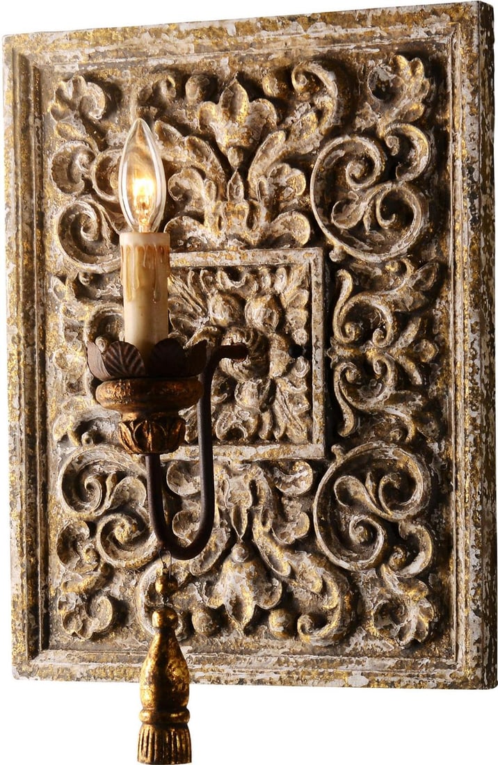 Laurentia Wall Sconce French Country Brass Iron Wood UL-Listed: Laurentia Wall Sconce French Country Brass Iron Wood UL-Listed Introducing the Laurentia Sconce, a delightful piece that embodies timeless French charm. This elegant lighting fixture is designed in an