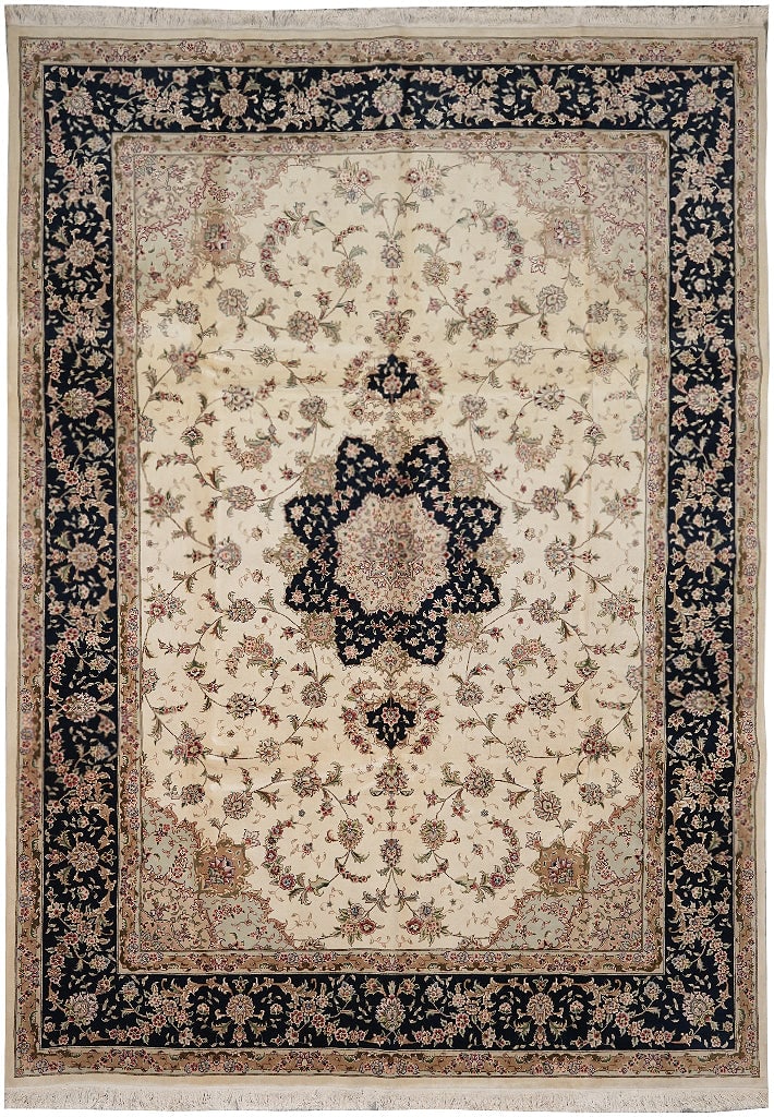 8.6 x 11.8 Hand-Knotted Wool Silk Tabriz Rug Ivory Black China: 8.6 x 11.8 Hand-Knotted Wool Silk Tabriz Rug Ivory Black China Free continental US Shipping This finely hand-knotted area rug features a blend of high-quality wool and silk, offering a soft texture an