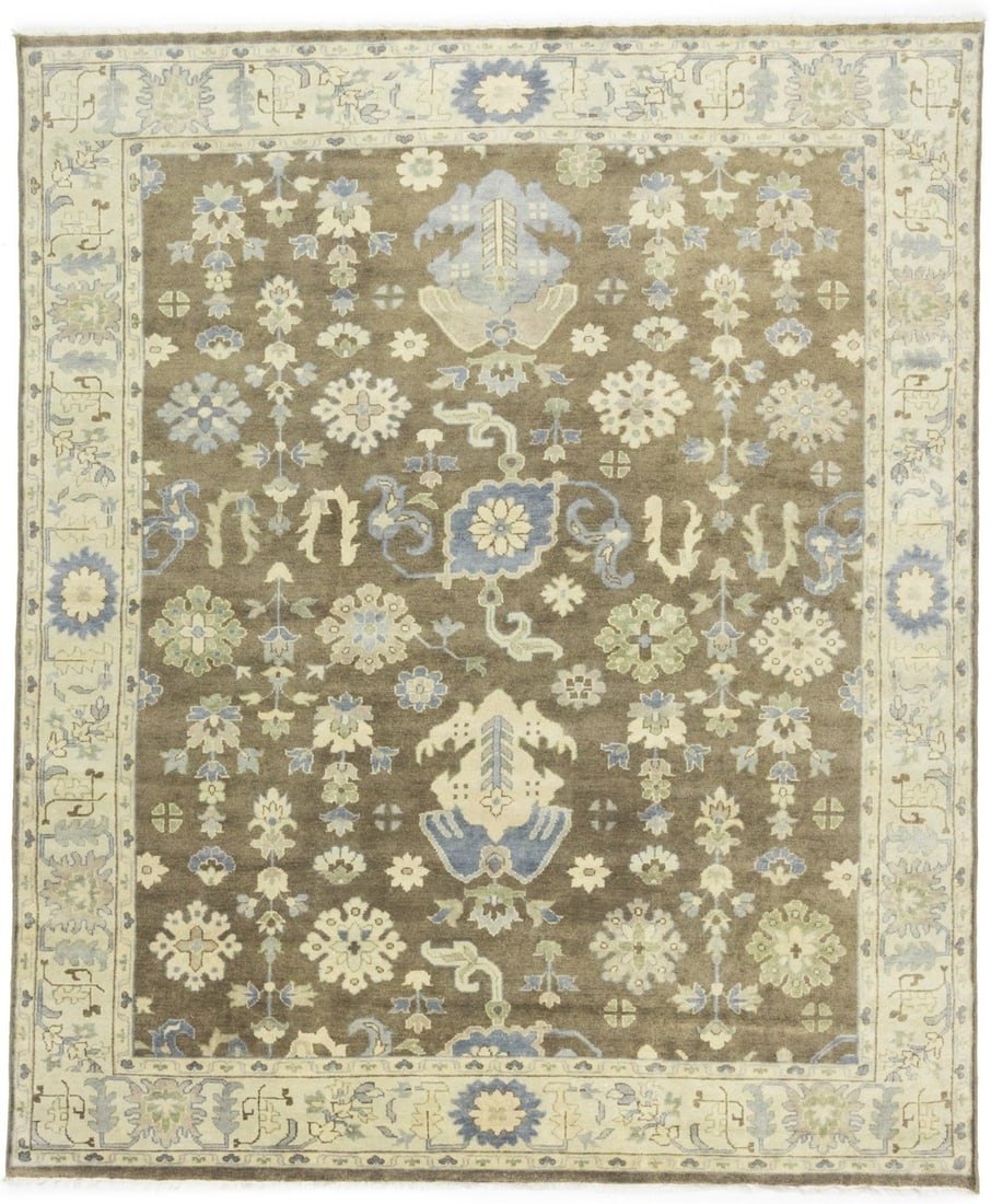 8'2 x 9'10 Hand-Knotted Wool Floral Area Rug in Brown Oushak Chobi Style (1 of 18)