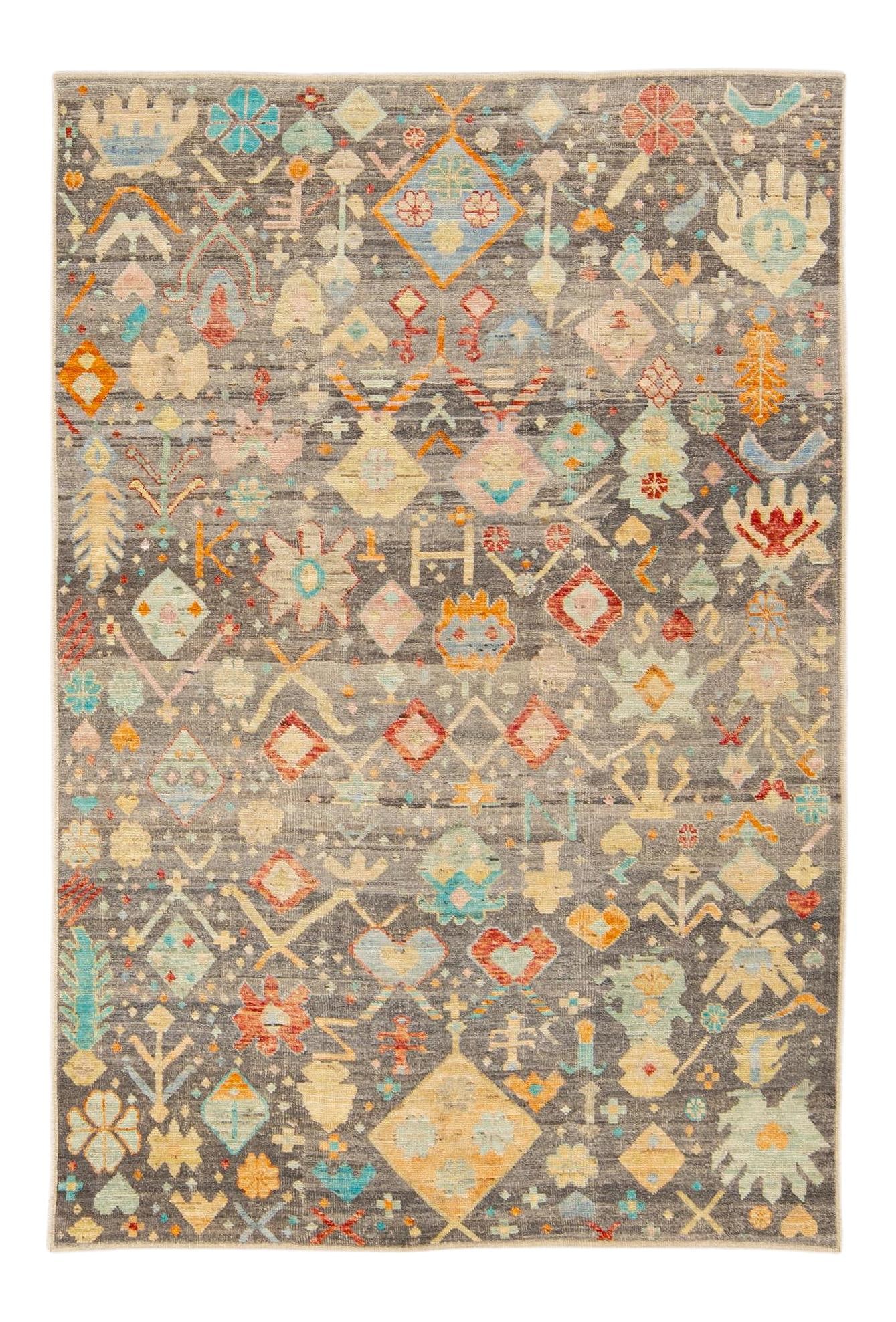 Modern Boho Gray Handmade Wool Rug with Multicolor Geometric Design 6'5 x 9'9: Modern Boho Gray Handmade Wool Rug with Multicolor Geometric Design 6'5 x 9'9 Enhance your living space with this stunning Moroccan style handmade wool rug. Featuring a chic gray field and vibrant mul