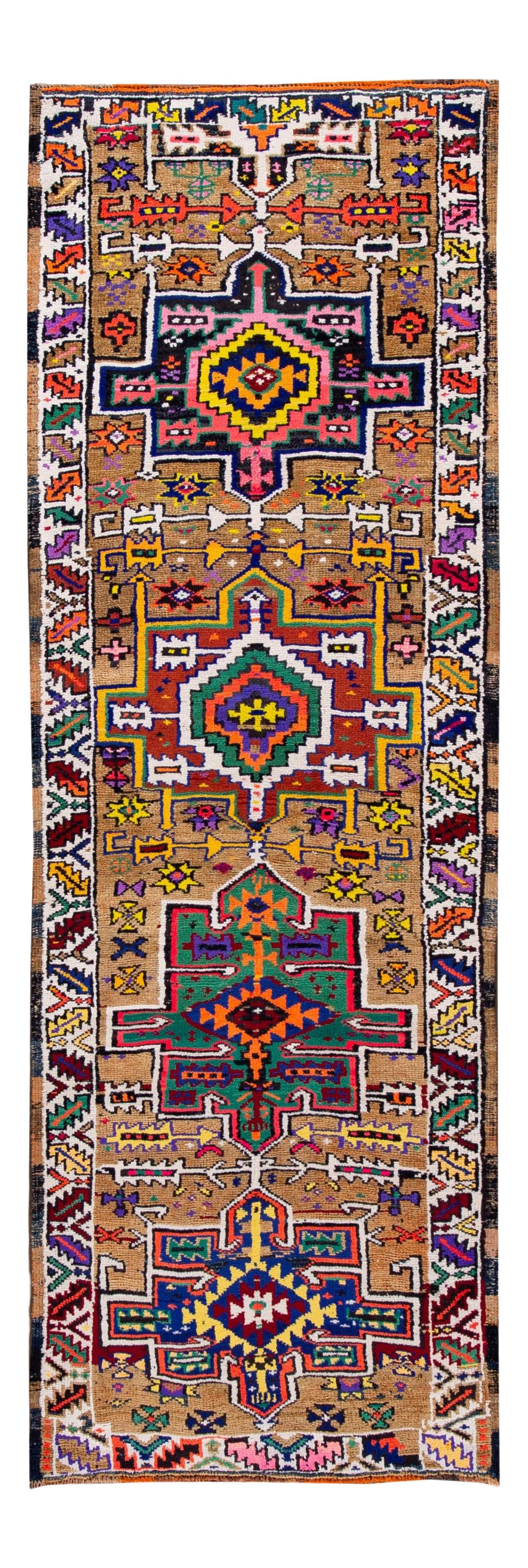 Mid-Century Turkish Hand-Knotted Wool Runner Rug 2'9 x 8'3 Tan: Mid-Century Turkish Hand-Knotted Wool Runner Rug 2'9 x 8'3 Tan This exquisite mid-20th century vintage Turkish wool runner rug features a hand-knotted construction with a warm tan field and vibrant mu