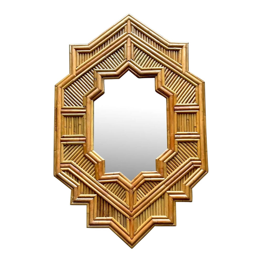Elongated Octagonal Split Bamboo Wall Mirror With Geometric Parquet Frame: Elongated Octagonal Split Bamboo Wall Mirror With Geometric Parquet Frame This vintage split bamboo wall mirror features an elongated octagonal frame with stepped corners, creating a distinctive star-