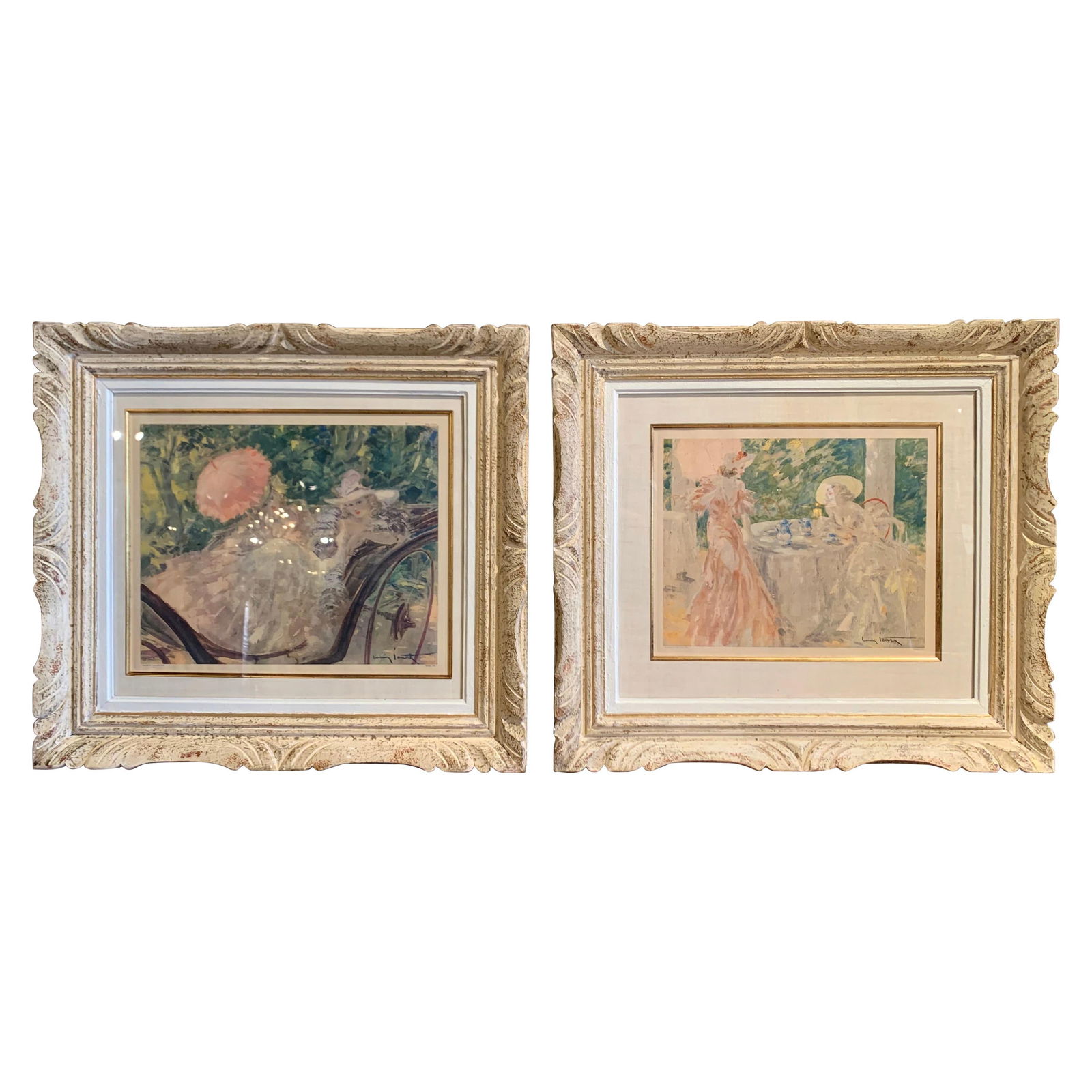 Set of 2 Louis Icart Lithographs in Carved Frames France 1947: Set of 2 Louis Icart Lithographs in Carved Frames France 1947 Enhance your living space with this exquisite pair of lithographs by renowned French artist Louis Icart, crafted in France circa 1947. Eac