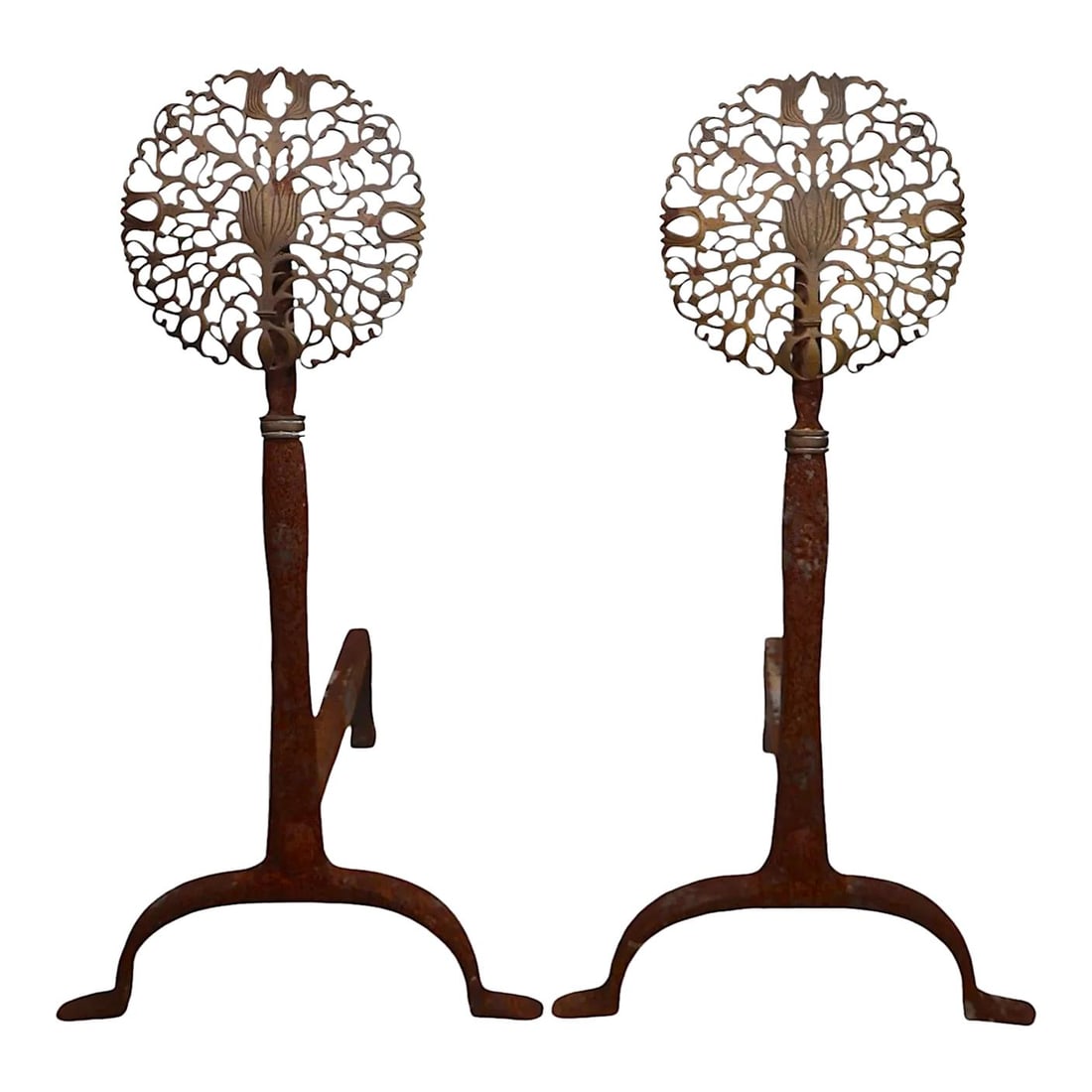 19th Century Brass Filigree Andirons Virginia Metal Crafters: 19th Century Brass Filigree Andirons Virginia Metal Crafters This exquisite pair of 19th century-style andirons showcases a classic design with ornate brass foliate medallion tops, beautifully crafted