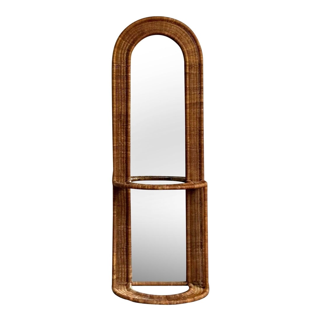 Vintage 1970s Boho Woven Rattan Hall Mirror with Console Shelf: Vintage 1970s Boho Woven Rattan Hall Mirror with Console Shelf Elevate your space with this stunning Vintage Boho Woven Rattan Hall Mirror, a perfect embodiment of 1970s bohemian chic. This exceptiona