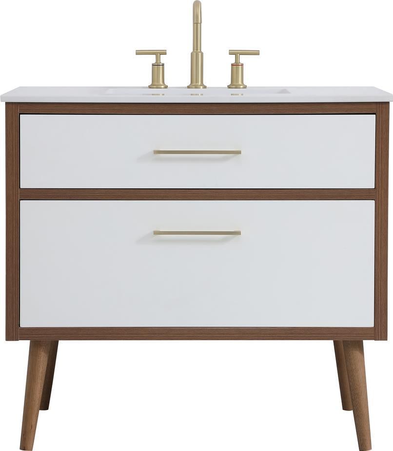 Elegant Lighting Midcentury Bathroom Vanity Tapered Legs Matte White Finish: Elegant Lighting Midcentury Bathroom Vanity Tapered Legs Matte White Finish Enhance your modern bathroom with this elegant midcentury vanity. Featuring a sophisticated matte white and walnut brown fin