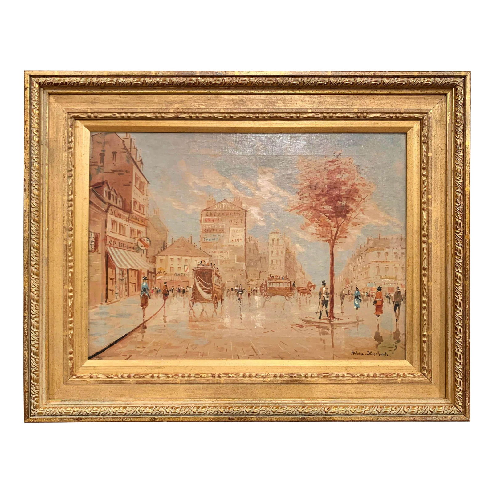 Antoine Blanchard Paris Oil on Canvas in Carved Giltwood Frame: Antoine Blanchard Paris Oil on Canvas in Carved Giltwood Frame This mid-century oil painting by Antoine Blanchard, circa 1960, captures a lively Paris street scene with a blend of realism and impressi