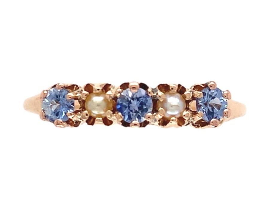 Victorian Era 10k Rose Gold Band Ring With Blue Sapphires and Seed Pearls Size 8.5 (1 of 10)