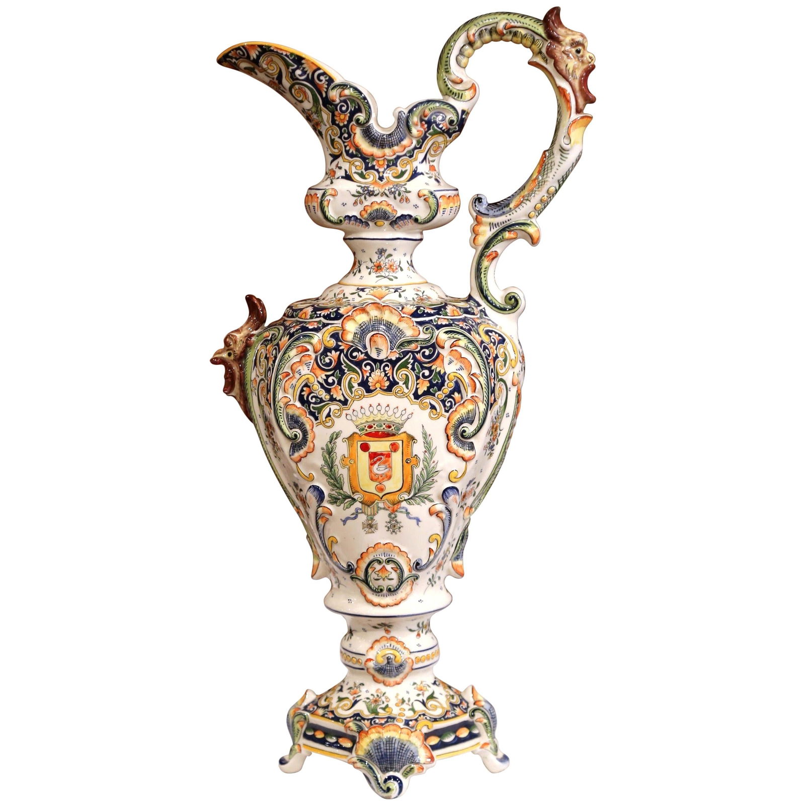 19th Century French Hand Painted Faience Ewer with Coat of Arms: 19th Century French Hand Painted Faience Ewer with Coat of Arms This exquisite 19th Century French hand-painted faience ewer vase hails from Boulogne, France, and showcases the artistry of mid-19th ce
