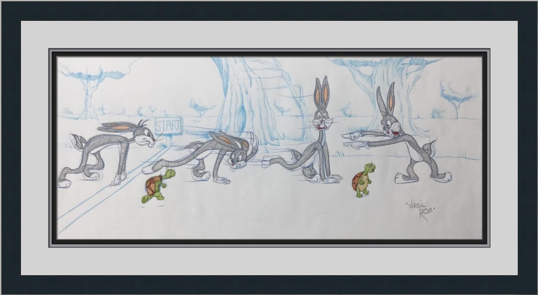 Virgil Ross Signed Model Sheet Bugs Bunny Cecil The Turtle Framed Artwork: Virgil Ross Signed Model Sheet Bugs Bunny Cecil The Turtle Framed Artwork This captivating original model sheet drawing features iconic characters Bugs Bunny and Cecil The Turtle, illustrated by legen