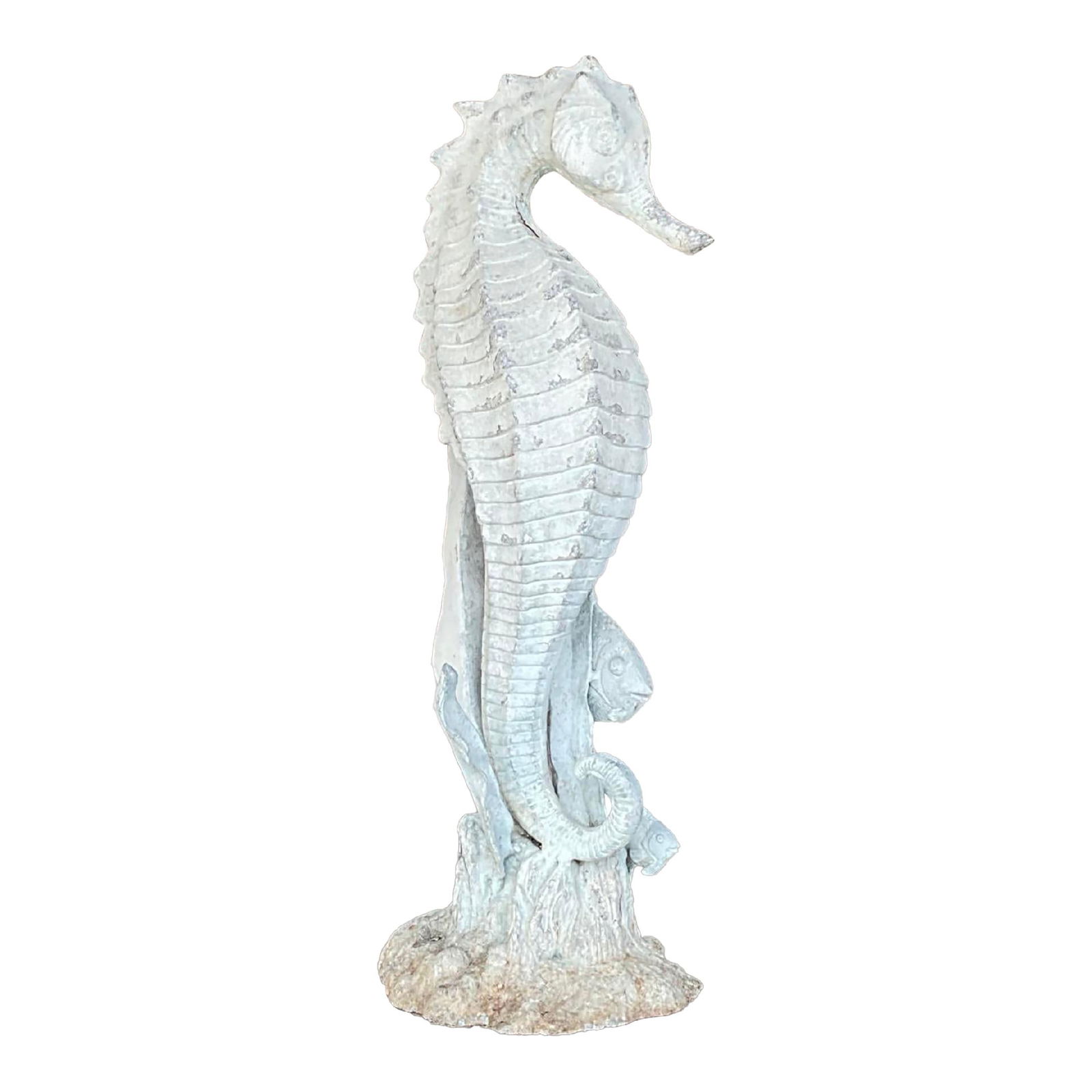 Vintage Coastal Patinated Metal Seahorse Garden Statue 25": Vintage Coastal Patinated Metal Seahorse Garden Statue 25" Add a touch of coastal elegance to your garden with this Vintage Coastal Patinated Metal Seahorse Statue. This whimsical piece beautifully bl