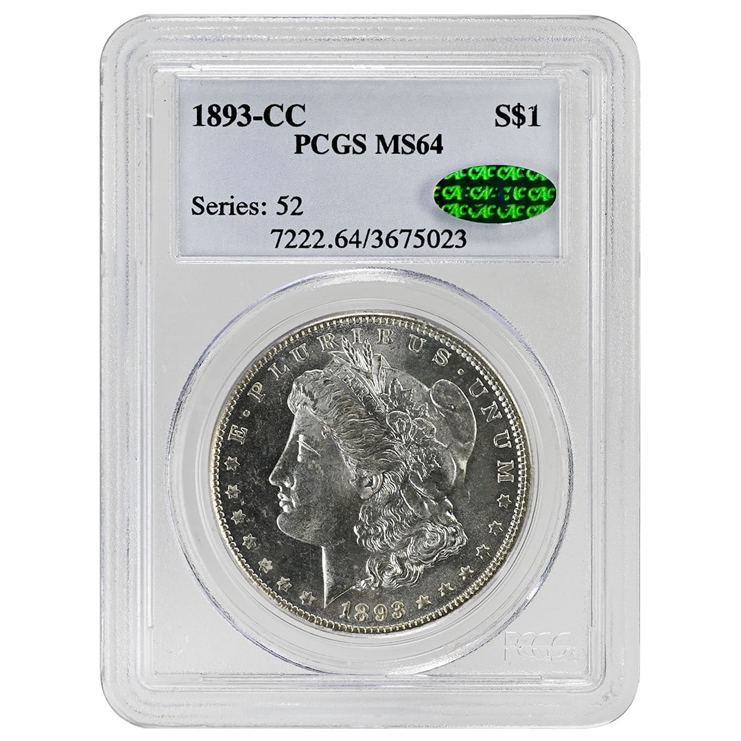 PCGS MS64 CAC 1893-CC Morgan Silver Dollar Rare Carson City Mint $1 Coin: PCGS MS64 CAC 1893-CC Morgan Silver Dollar Rare Carson City Mint $1 Coin This 1893-CC Morgan Dollar is certified by PCGS with a grade of MS64 and bears the CAC designation, highlighting its exceptiona