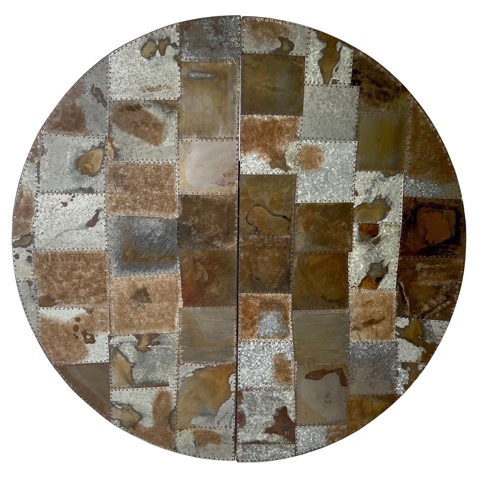 Large Industrial Patinated Metal Hanging Disc Bar with Adjustable Shelves: Large Industrial Patinated Metal Hanging Disc Bar with Adjustable Shelves This striking industrial hanging disc bar features a large-scale patinated metal patchwork mosaic adorned with nail head trim.