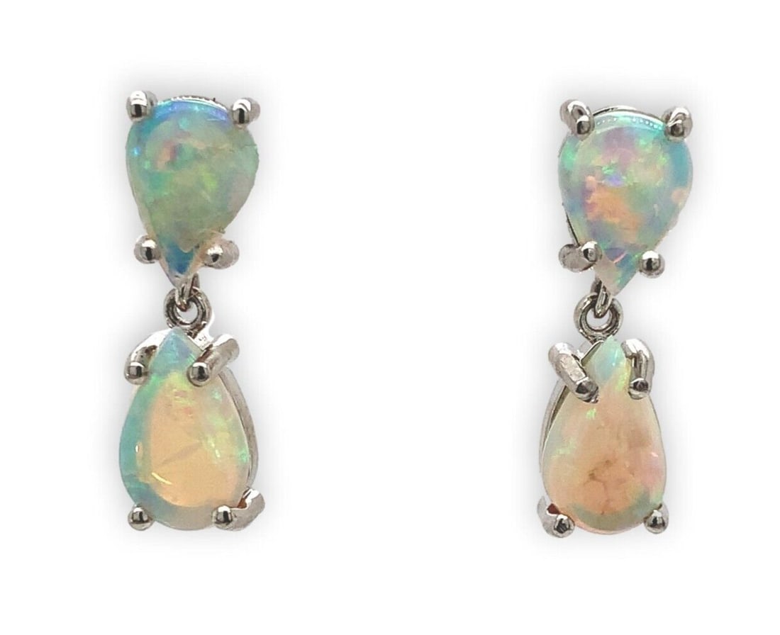 Platinum Dangle Drop Earrings with Multicolor Genuine Opals (1 of 9)