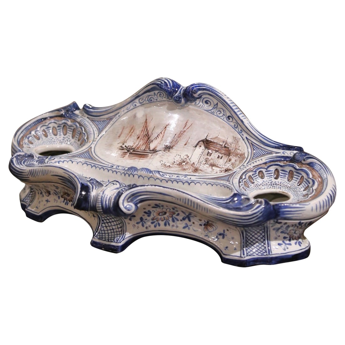 19th Century French Louis XV Hand Painted Faience Inkwell with Harbor Scene: 19th Century French Louis XV Hand Painted Faience Inkwell with Harbor Scene Enhance your writing space with this exquisite late 19th-century French faience inkwell. Crafted circa 1880, this elegant ce