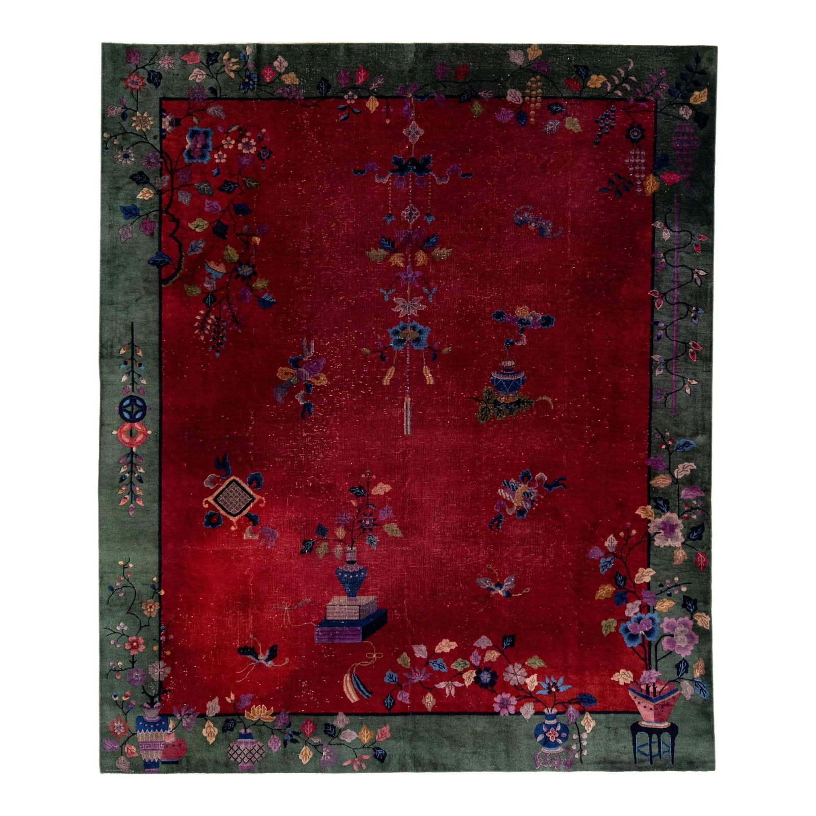 Antique Art Deco Chinese Wool Rug Red Green Floral 8'1" x 9'8": Antique Art Deco Chinese Wool Rug Red Green Floral 8'1" x 9'8" This exquisite antique Art Deco wool rug features a vibrant red field complemented by a green frame adorned with a stunning traditional C