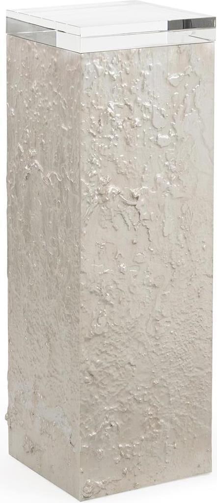 John-Richard Silver Wash Pedestal Table with Glass Top: John-Richard Silver Wash Pedestal Table with Glass Top Elevate your decor with this Contemporary Silver Wash Pedestal, featuring a striking glass accent. This piece stands at a height of 36.25 inches,