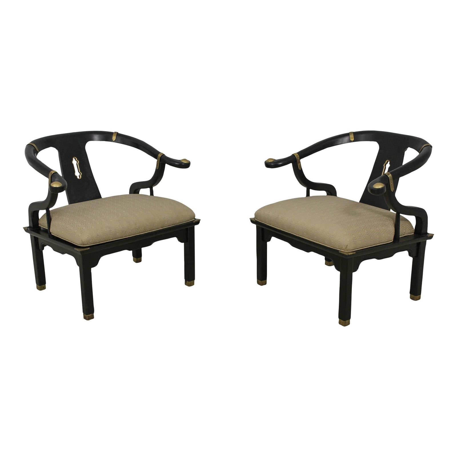 1960s Mid Century Modern Chinese Armchairs Black Satin Gold Accents: 1960s Mid Century Modern Chinese Armchairs Black Satin Gold Accents This exquisite pair of mid-century modern Chinese armchairs showcases a stylish black satin finish complemented by elegant gold acce
