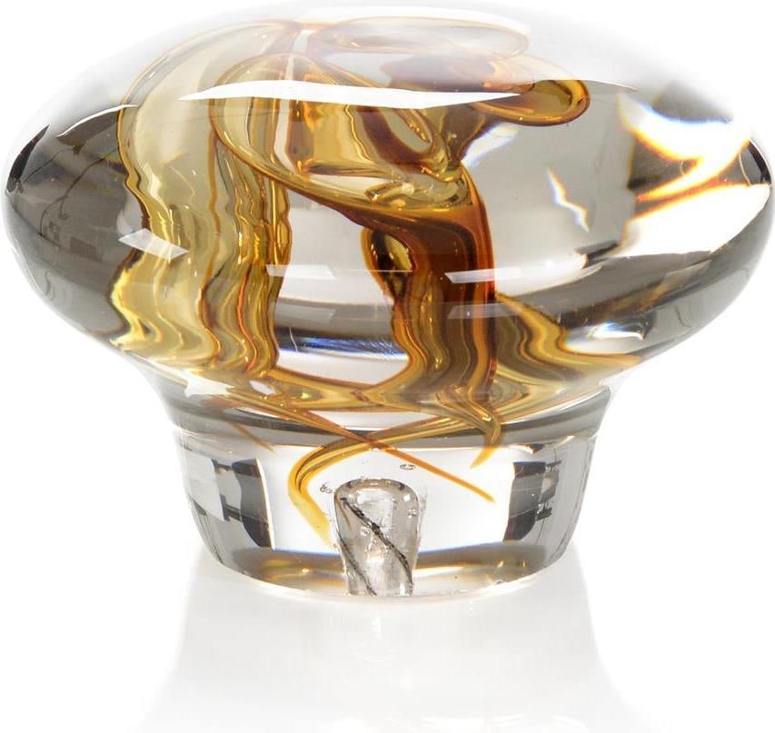 John-Richard Hand-Blown Amber Glass Abstract Sculpture 4.75H 7W 7D: John-Richard Hand-Blown Amber Glass Abstract Sculpture 4.75H 7W 7D This stunning decorative piece showcases a unique blend of amber and clear glass, crafted with precision in an abstract style. The sc