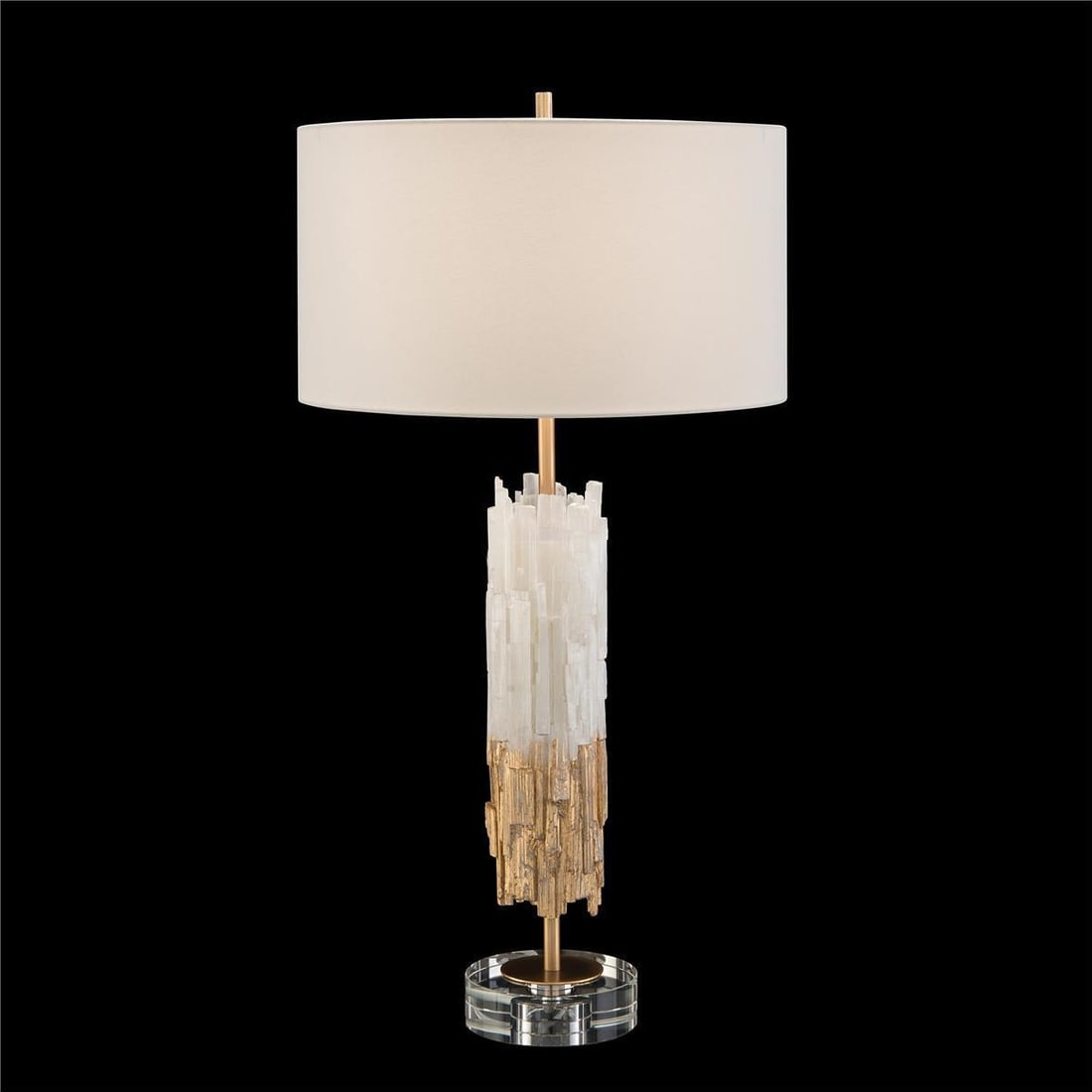 John-Richard Selenite Table Lamp with Off-White Shade UL-Listed: John-Richard Selenite Table Lamp with Off-White Shade UL-Listed Illuminate your space with this elegant Selenite Table Lamp, featuring a striking round shade that blends sophistication with functional