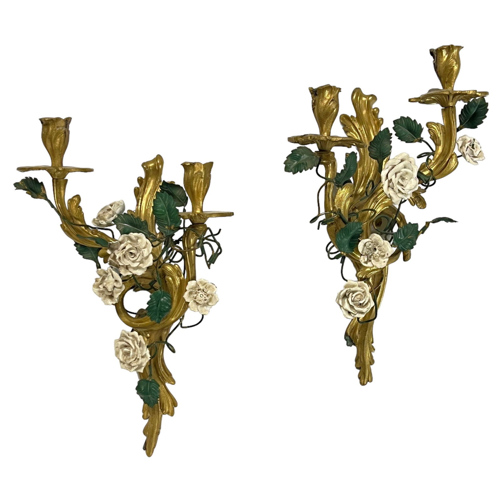 Set of 2 Rococo Gilt Bronze Wall Sconces with Metal White Roses: Set of 2 Rococo Gilt Bronze Wall Sconces with Metal White Roses This pair of late 19th century Louis XV style sconces features two foliate-shaped gilt bronze candle arms. Each sconce is adorned with h